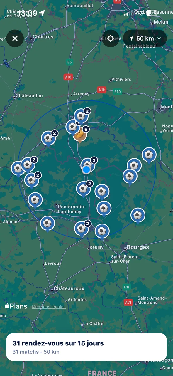 Écran ARENAS : la carte des matchs et événements prévus autour de toi dans les 15 prochains jours