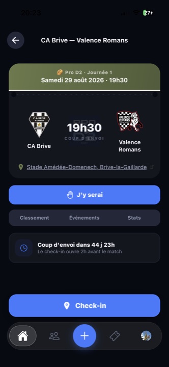 Écran ARENAS : la fiche match avec les informations avant check-in