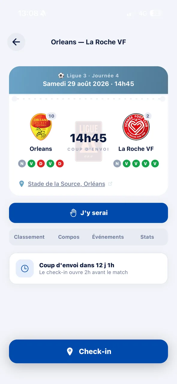Écran ARENAS : la fiche d'un match, avec le bouton de check-in